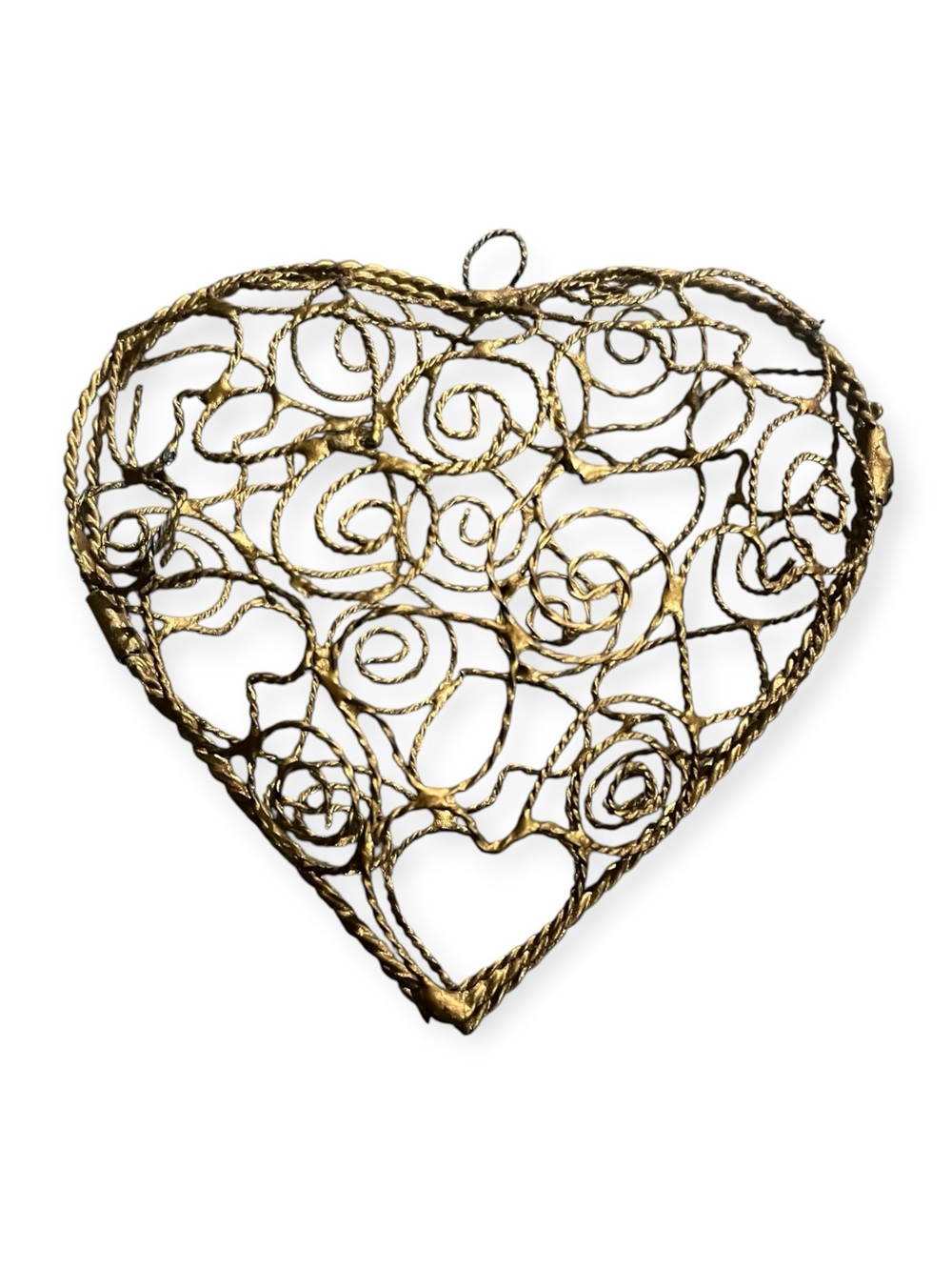 Vintage Handcrafted Gold Wire Heart Sculpture Basket Accent Decore